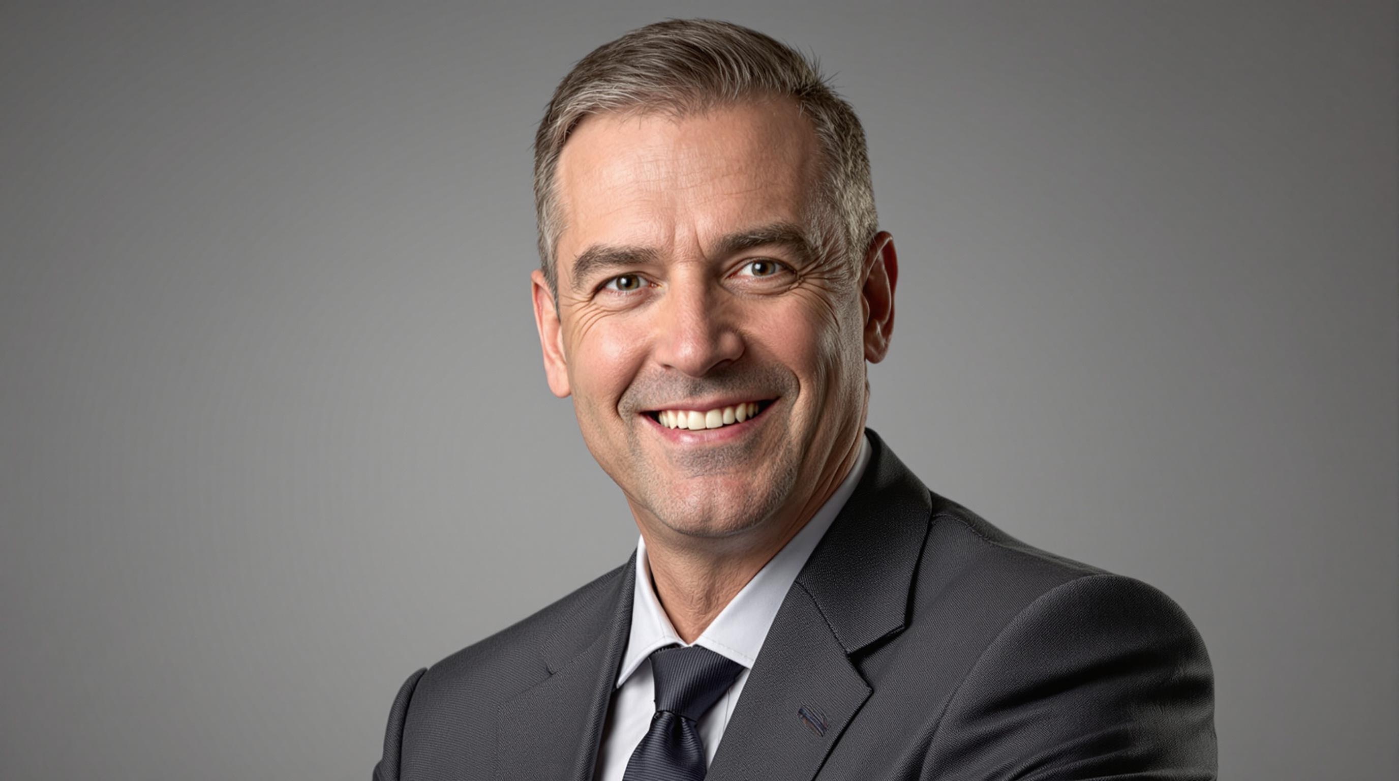 A middle-aged man wearing a black suit posing for a professional headshot in front of a gray gradient background.